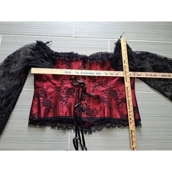 Gothic Red & Black Lace Off-Shoulder Corset Top Bell Sleeves Bustier Blouse 7XL - Picture 5 of 12